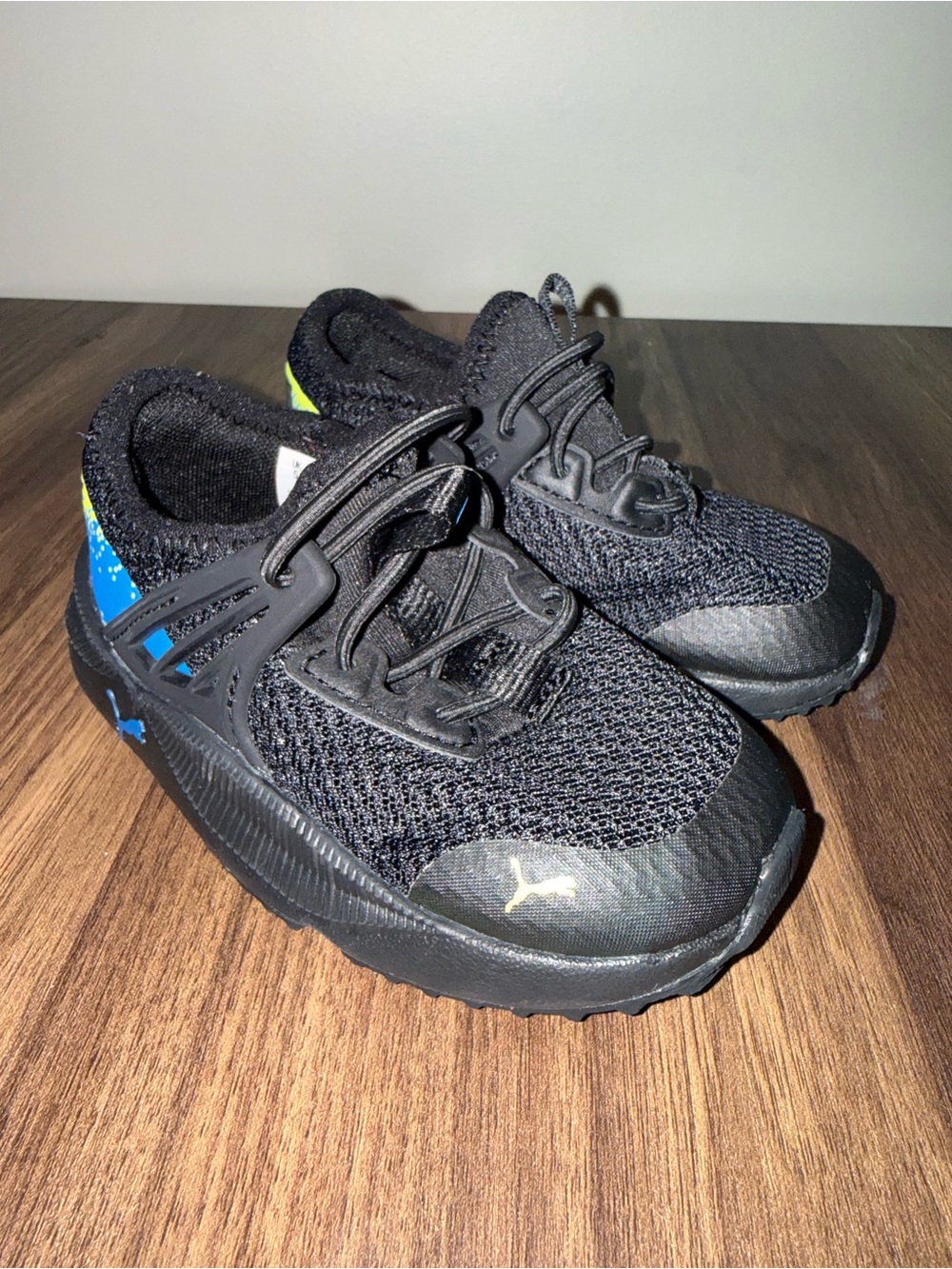 Puma Black Toddler size 6C Sneakers with Blue and Neon Yellow Accents